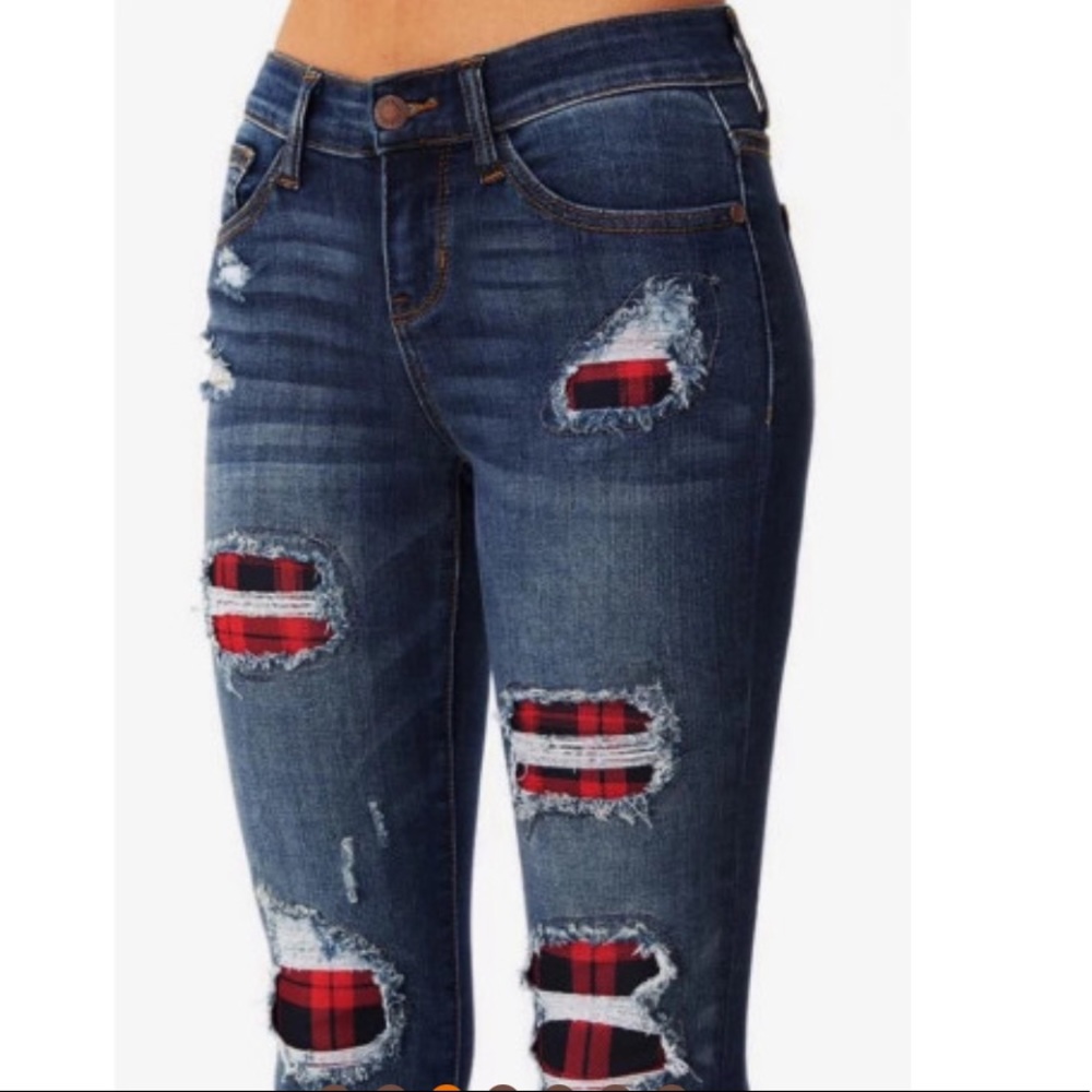Patchwork Plaid Ripped Jeans - Picture 3 of 7